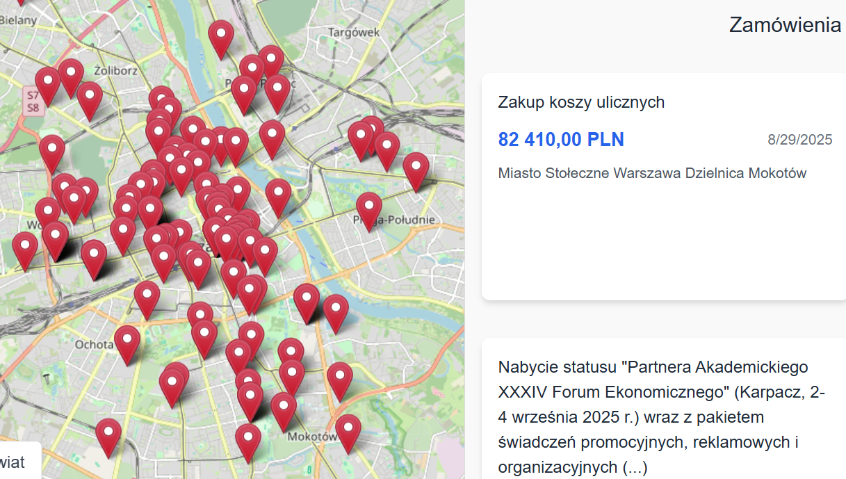 Mapa Polski z zaznaczonymi zamówieniami